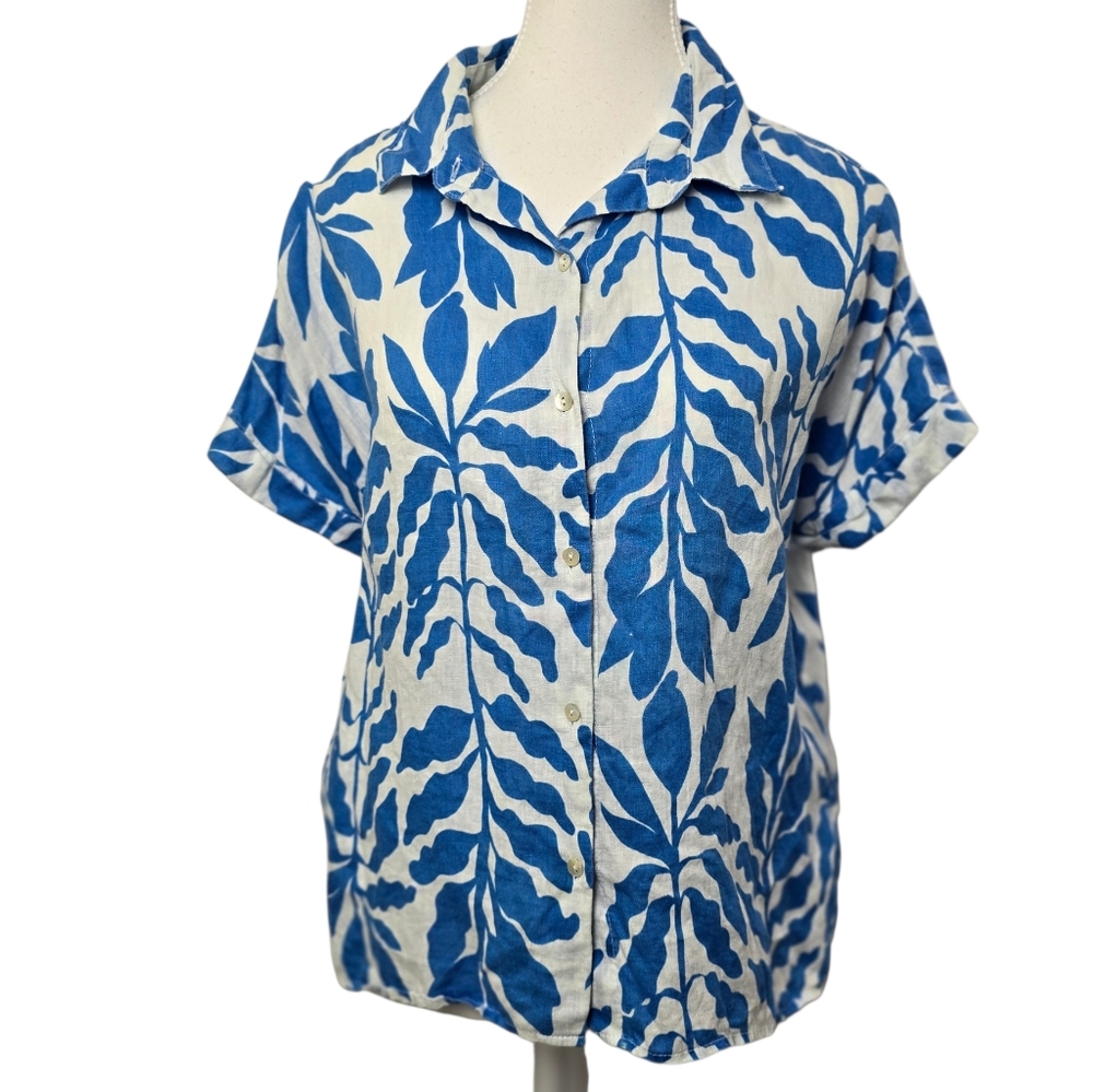 Rachel Zoe 100%  Linen Button-Down Short Sleeve Blouse Size M Botanical Print
